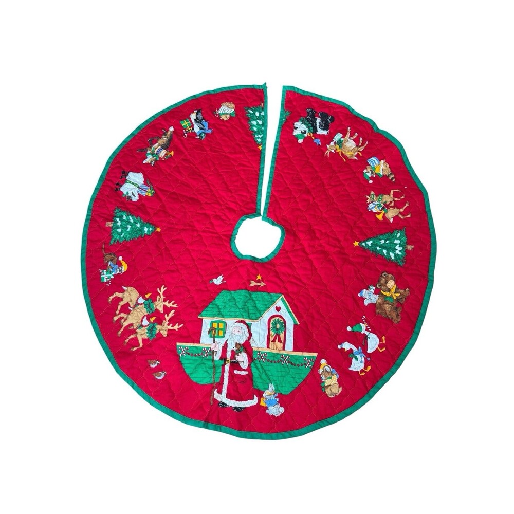Vintage Quilted Christmas Tree Skirt Noah's Ark Animals Santa Red Green